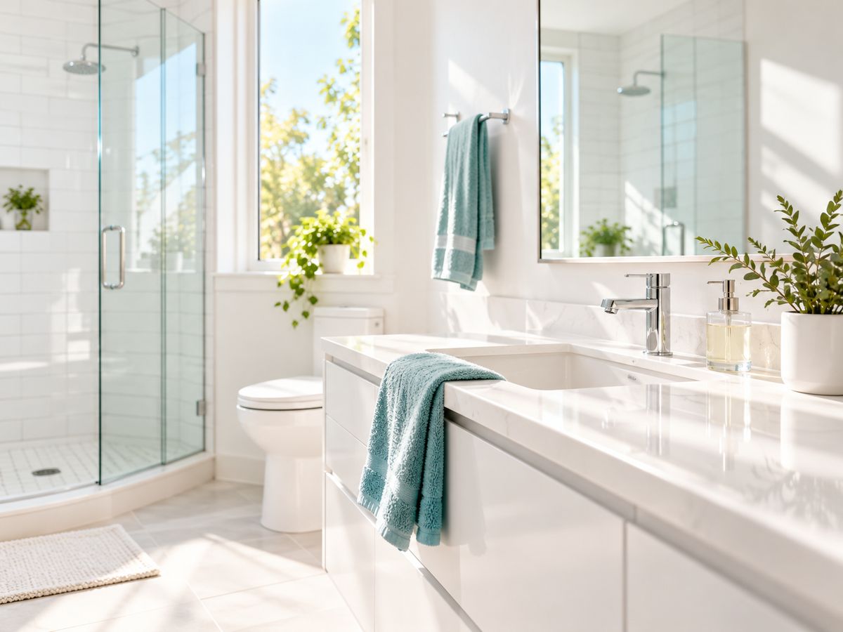明るく清潔な浴室と洗面台